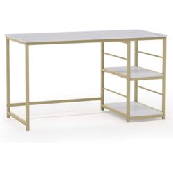 (NEW) 47 Inch Computer Desk with 2-Tier Storage Shelves, Faux Marble Modern Home Office Desk Study Table Studying Writing Desk Workstation for Home Of