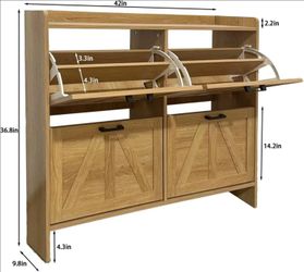 Shoe cabinet with 4 flip drawers, country-style storage (light oak color)