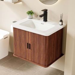 24" Bathroom Vanity with Sink Top, Wall Mounted Cabinet for the Washbasin with Sliding Door and Storage, Walnut