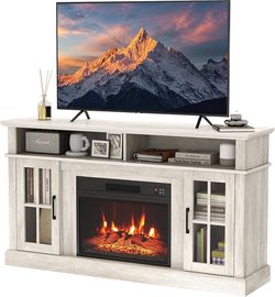 Electric Fireplace TV Stand, 58 Inch Modern Console for TVs up to 65 in + 23'' Fireplace Heater, 3 Brightness, 6H Timer & Remote Control, Entertainmen