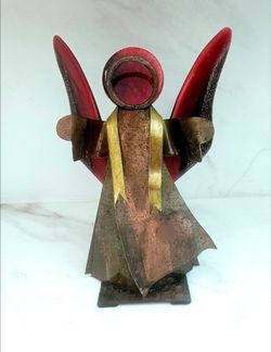 Metal Angel Sculpture with Red Glass Wings