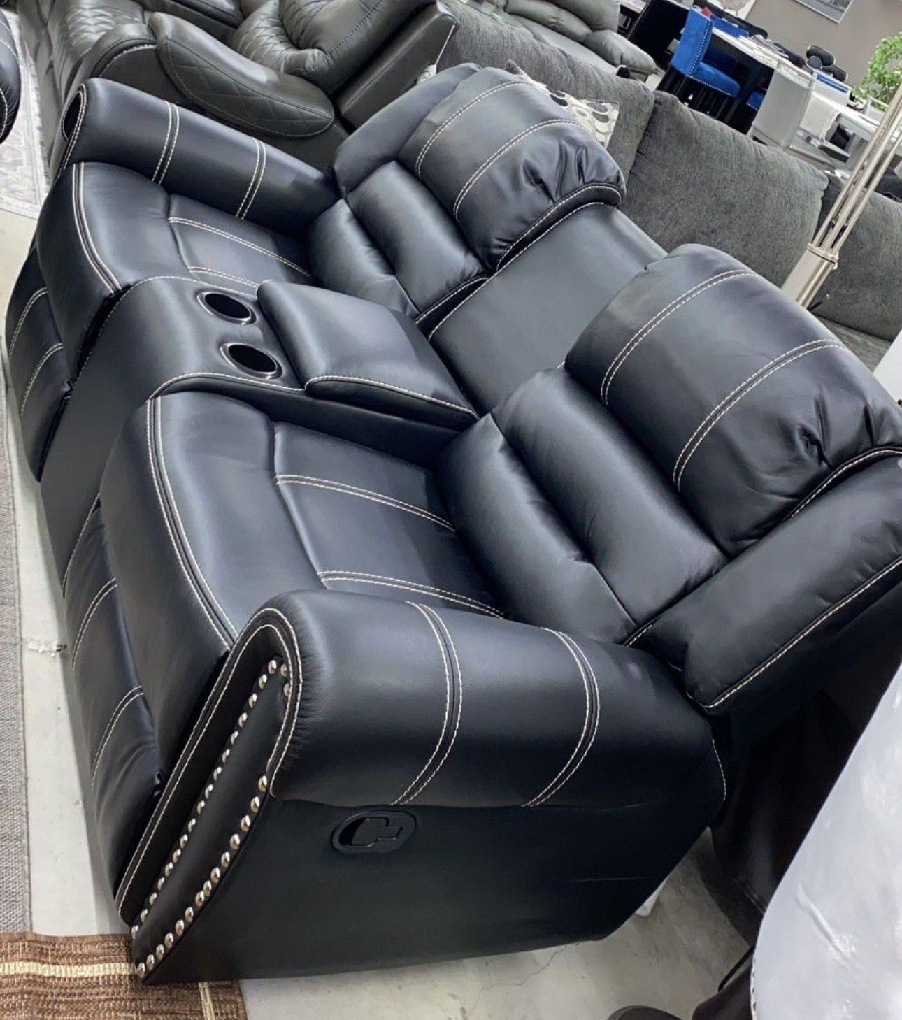New Lexington, black living room, reclining sofa, loveseat, and recliner with free delivery