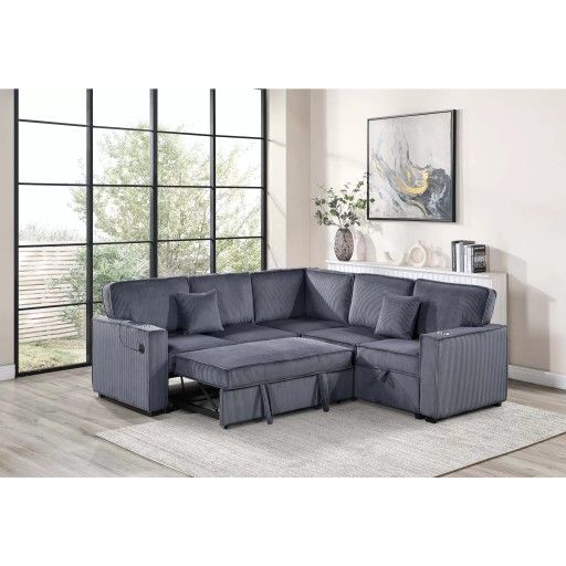 Corduroy living room sectional sleeper sofa with pull out bed and cup holders