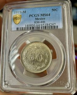 1919 Mexico 50 Cent Silver  PCGS MS64 High Grade KM-446