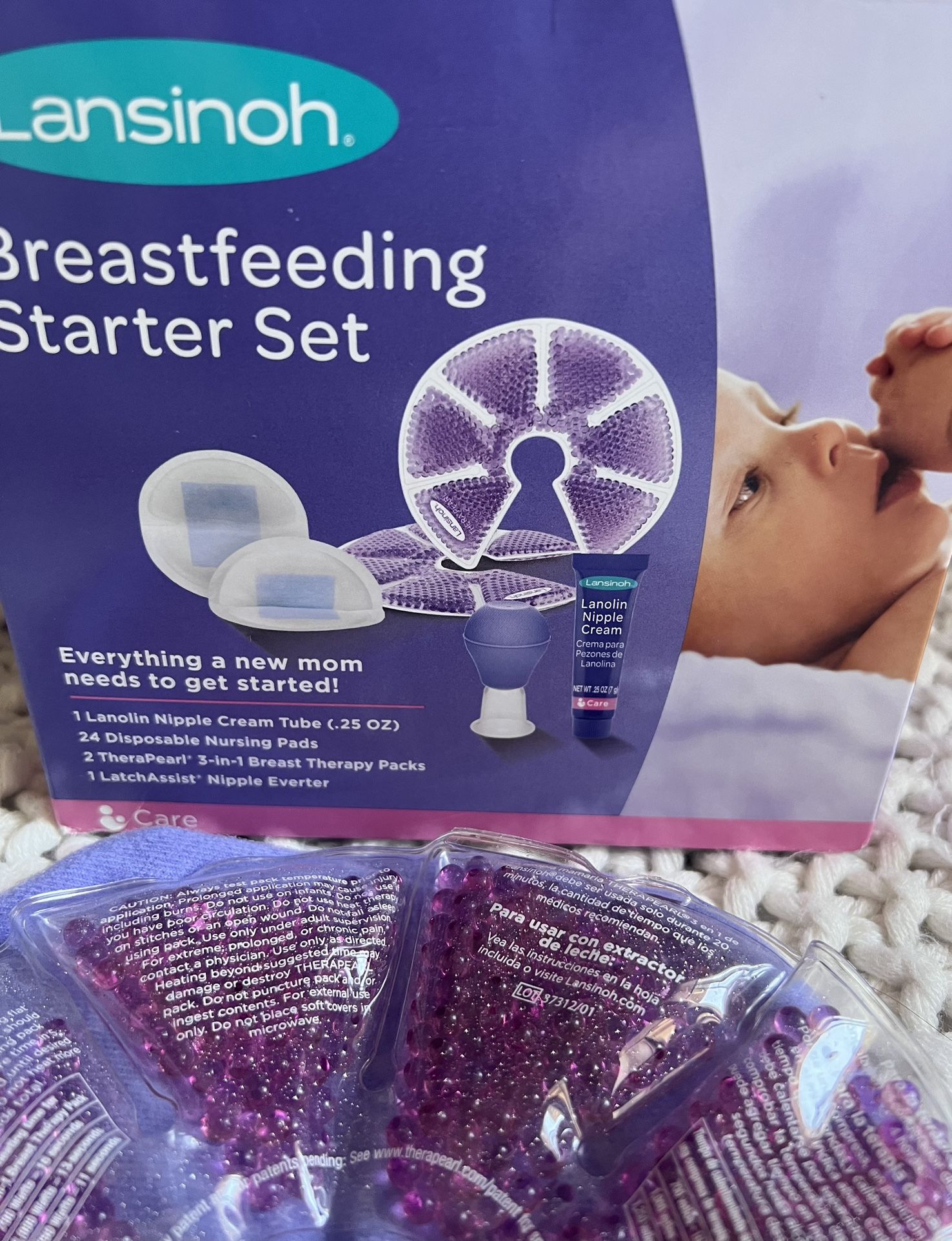 Lansinoh Breastfeeding Starter Set, Contains: 24 disposable Nursing Pads, 1  LatchAssist Nipple Everter, 2 TheraPearl Packs, 1 Lanolin Nipple Cream