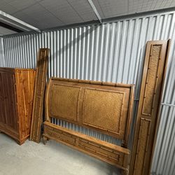Wood Rattan Bamboo  Queen Bed Frame and Armorie