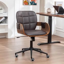 Office Desk Chair with Caster Wheels, Walnut Craftsmanship, Ergonomic Curved Back and Arms, Faux Leather, Height Adjustable, Ideal for Desk Work, Conf