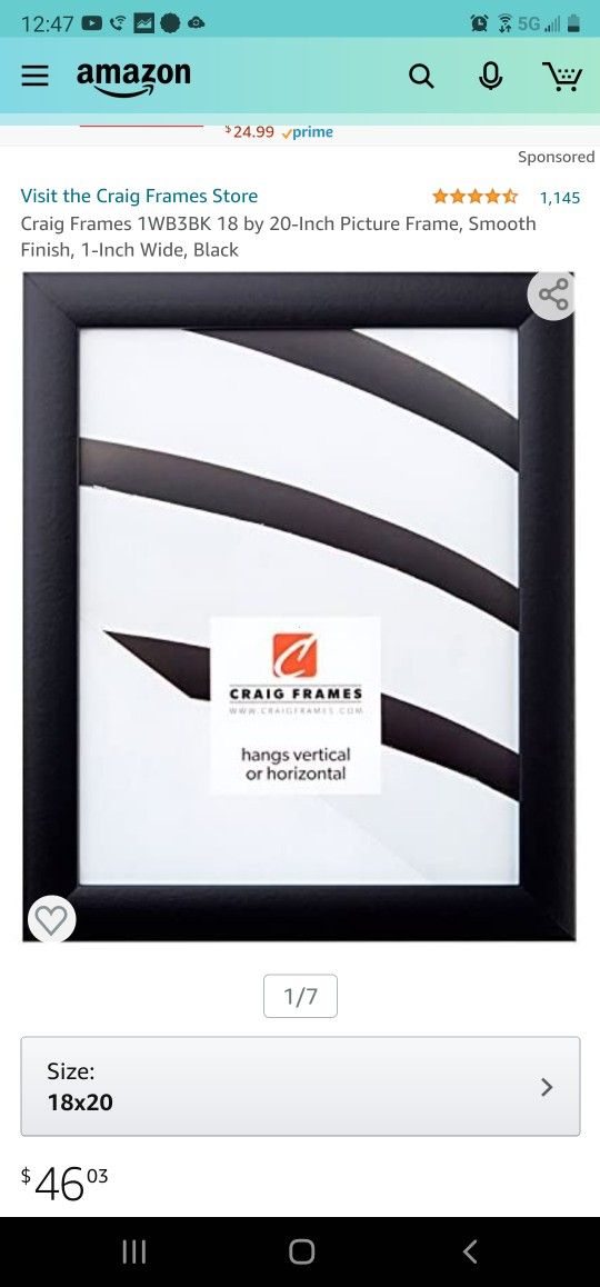 Craig Frames 1WB3BK 18 by 20-Inch Picture Frame, Smooth Finish, 1-Inch Wide, Black