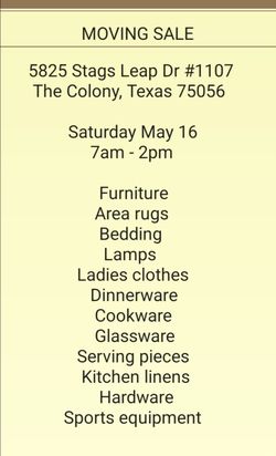 Moving Sale, Saturday May 16, 7am-2pm
