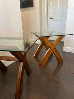 Glass Top End Tables with Wood X-Base, Set of 2