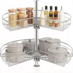 32" Kidney Lazy Susan Corner Cabinet Organizer, 2-Tier Adjustable Height Chrome Steel Shelves, 270° Rotating Tray