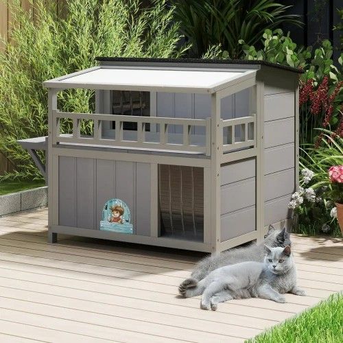 Cat condo, Cat tree house 36", Cat house 2-Tier Warm Wood Cat Shelter with Sunlight Roof, Outdoor Kitty Cat House, Balcony, Jumping Platforms, Kitty