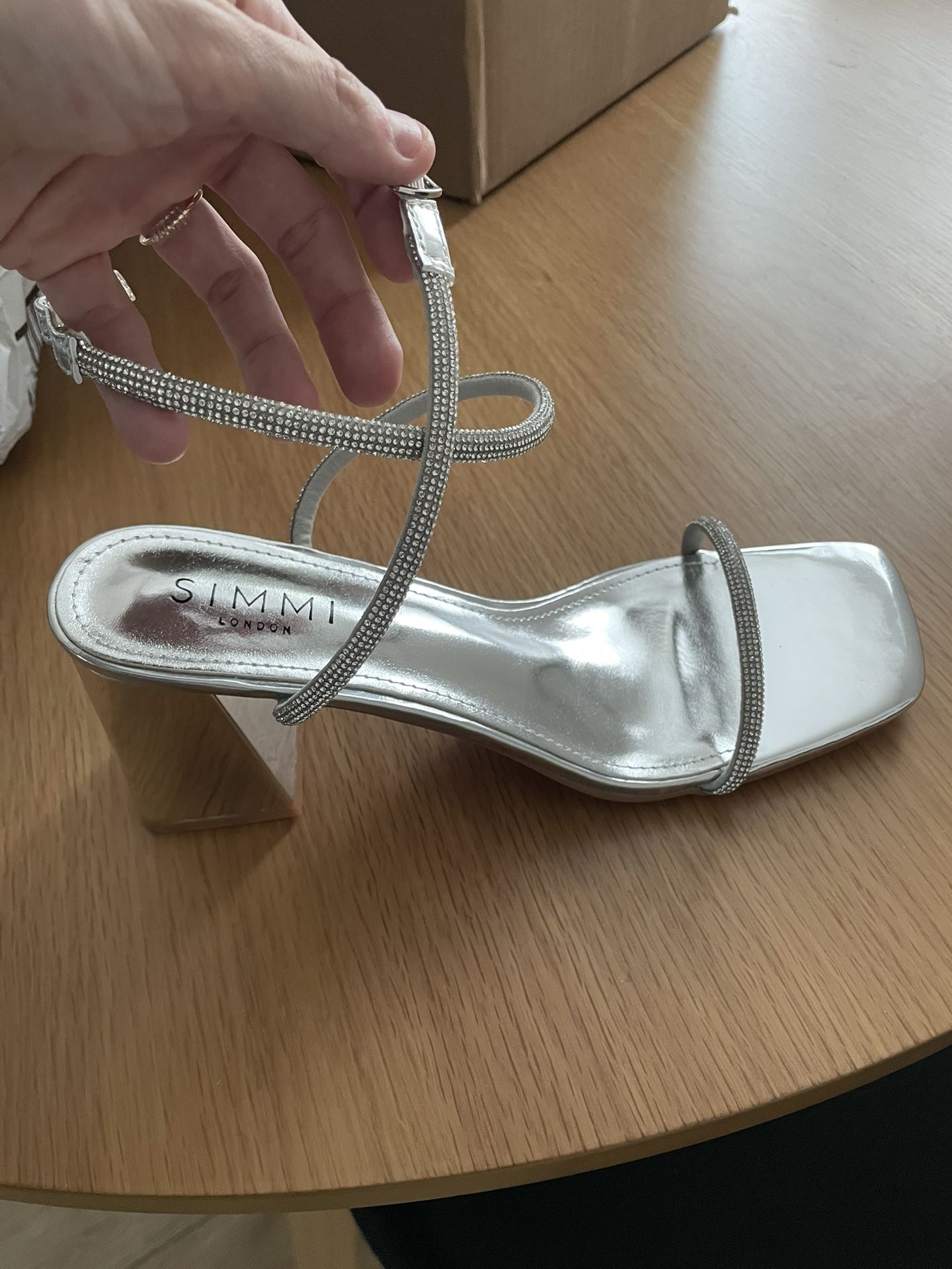 Silver Mirror Diamante Low Block Heeled Sandals