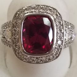 Sterling Silver Ring Czs And Synthetic Ruby 