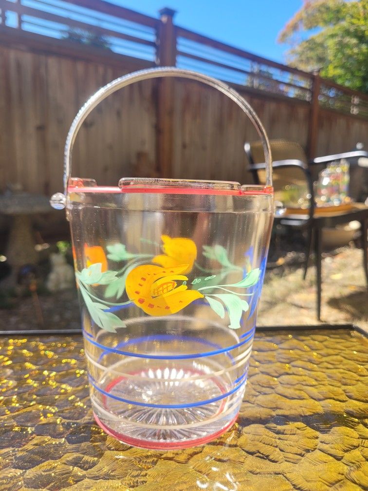 Vintage glass floral ice bucket with silver handle