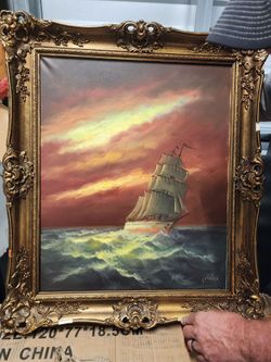 Vintage Oil Painting of Sailing Ship at Sunset