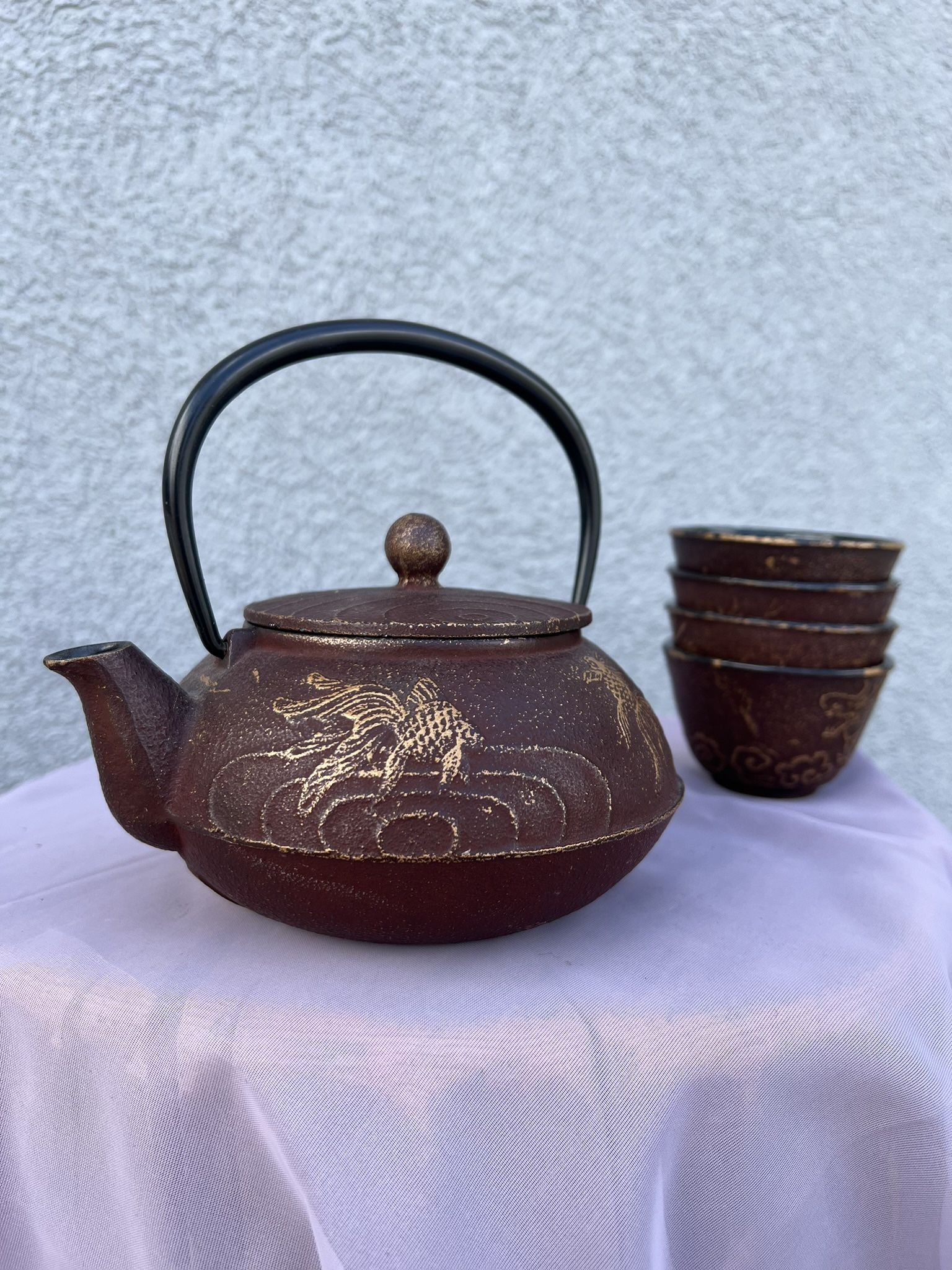 Japanese Koi Fish Set Teapot & 4 Teacups Ceremonial Grade Cast Iron Tea Set