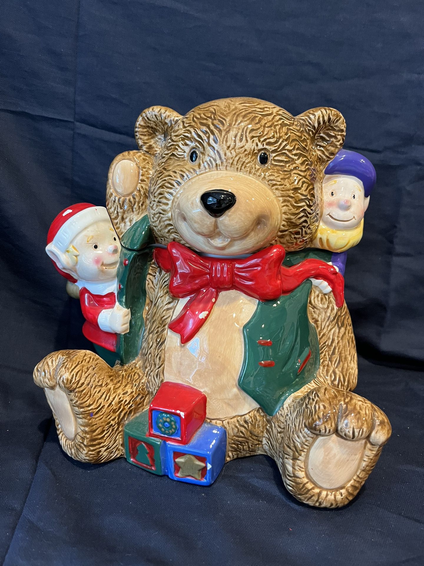 Vintage Christmas Bear and Elves Cookie Jar 