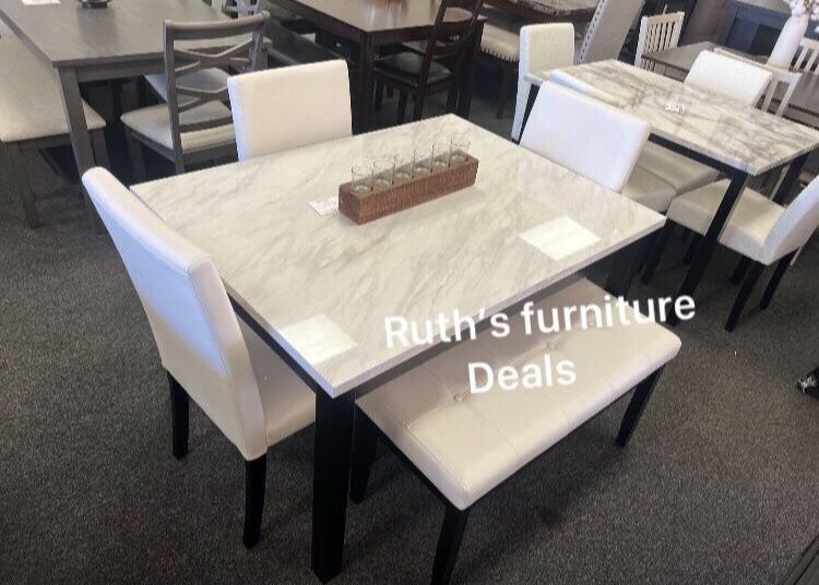 5 pc Dining Table Set With Bench White Faux Marble Top