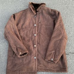 Weatherproof Mens Jacket Brown Faux Suede Buttons Pockets Faux Fur Lined Size L