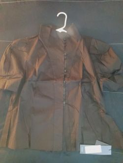 Black Button-Front Blouse with Puff Sleeves