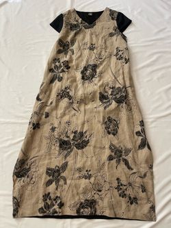 Women Linen Shirt Maxi Dress Floral V neck Short Sleeve Tie Back Design Black