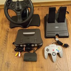 Nintendo 64 N64 Video Game Console With Racing Wheel And Pedals 