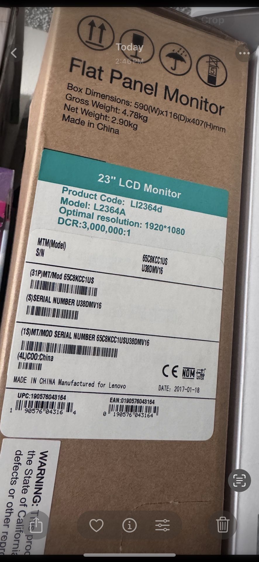 Lenovo 23” LCD Monitor – 1080p, Barely Used, with Original Box