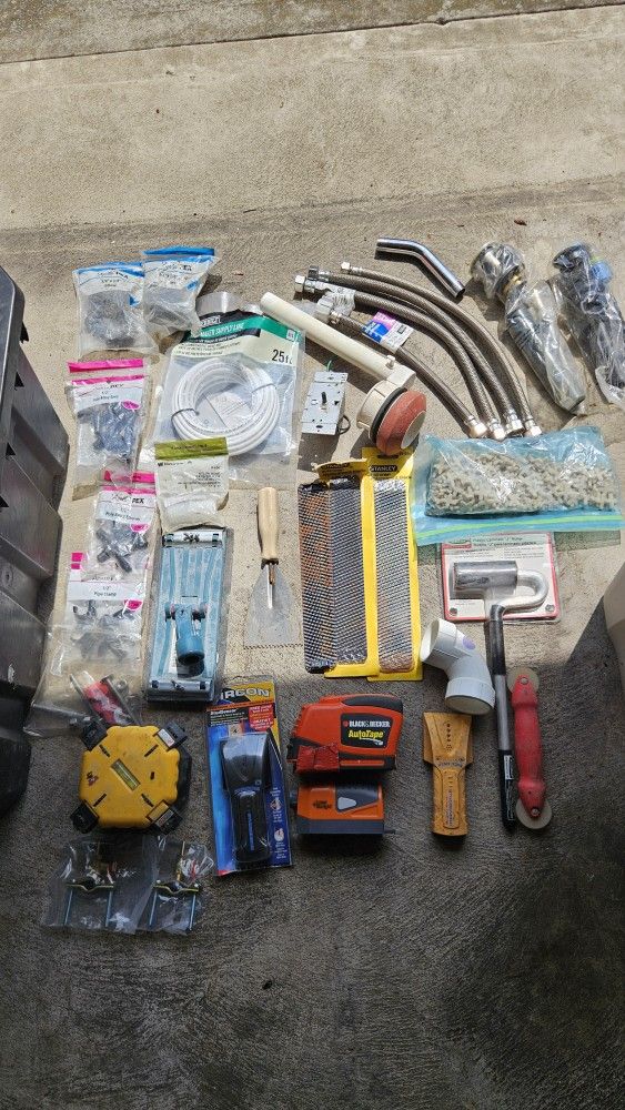 Estate Sale Tote Full Of New Plumbing Suppies, Drains Fittings Hoses Stud Finder Etc