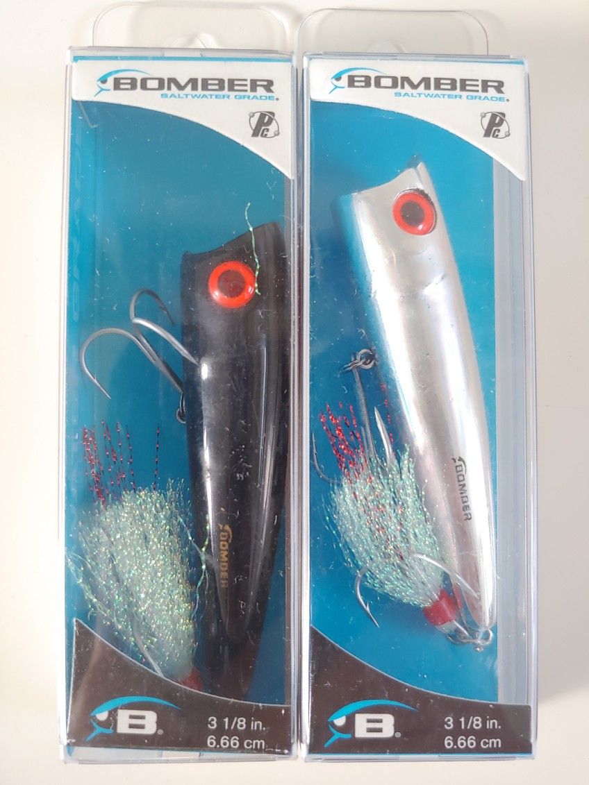 2 Packs Bomber Saltwater Grade Pop’n Minnow Topwater Fishing Lures 3-1/8” - NOS - Discontinued