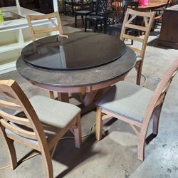 # 8 Solid Wood Table With Marble Top & Chairs