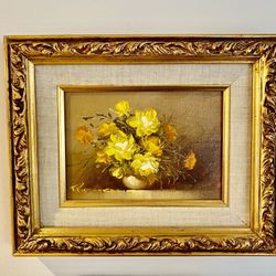 Bouquet of Yellow & Orange flowers in Vase Oil Painting 11x9” by American Artist Robert Cox