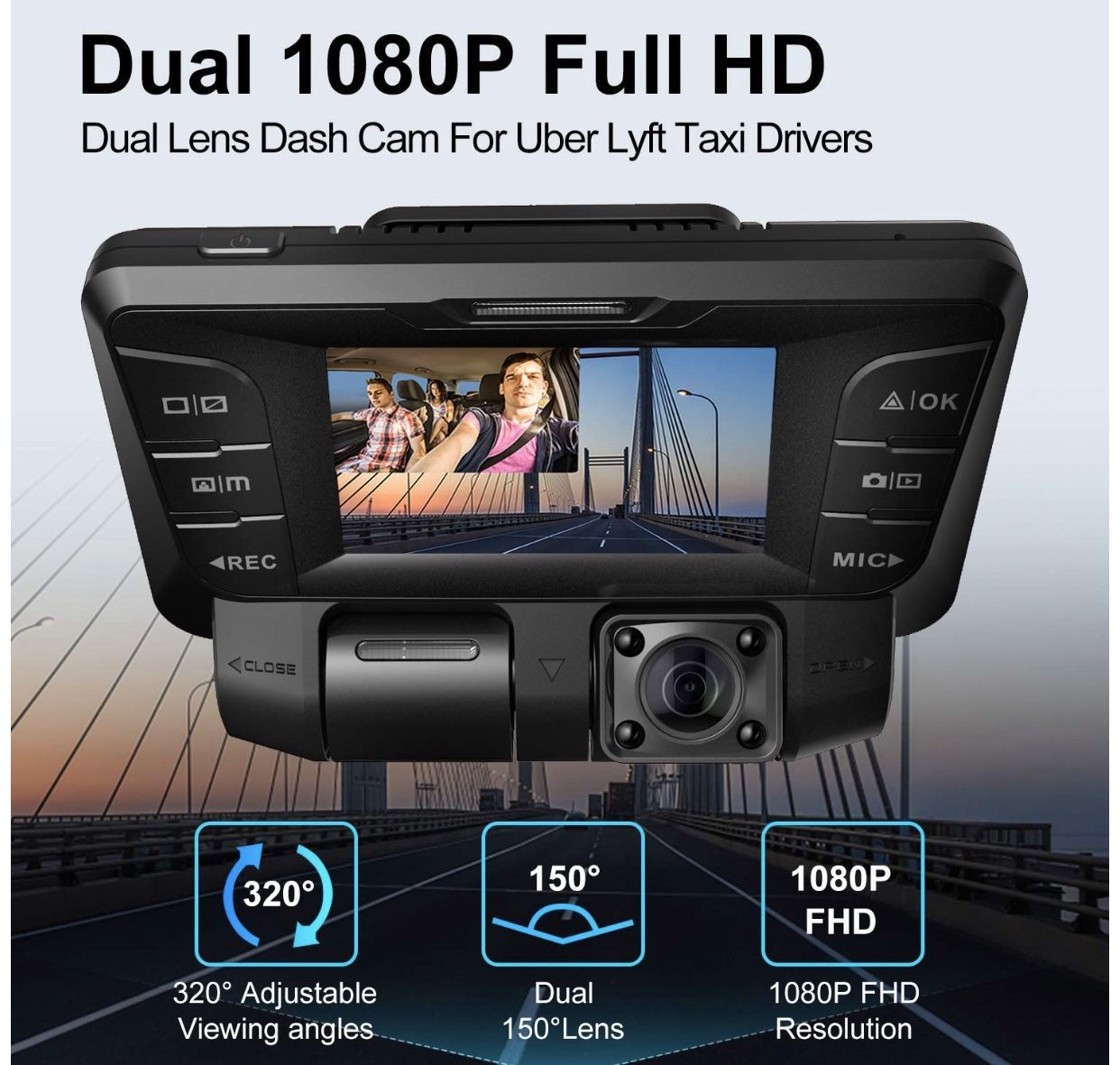 Pruveeo C2 Dash Cam with Infrared Night Vision, Dual 1080p front and inside