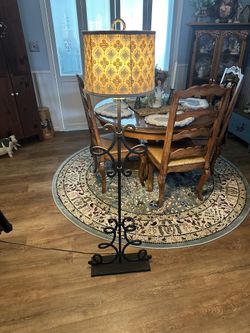 Pottery Barn Black Scrollwork Floor lamp W/ Gray Embroidered Shade