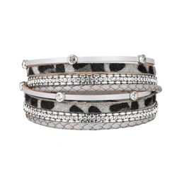 Grey Wrap Bracelet PU Leather With Leather Cord & Rhinestone Round Plated Multilayer