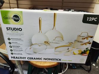 Green Pan studio ceramic Gnostic cookware set. Linen color