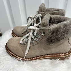 ITALIAN MONTELLIANA Lambskin Fur Trim Lace-Up Winter Boots Shearling Size 37