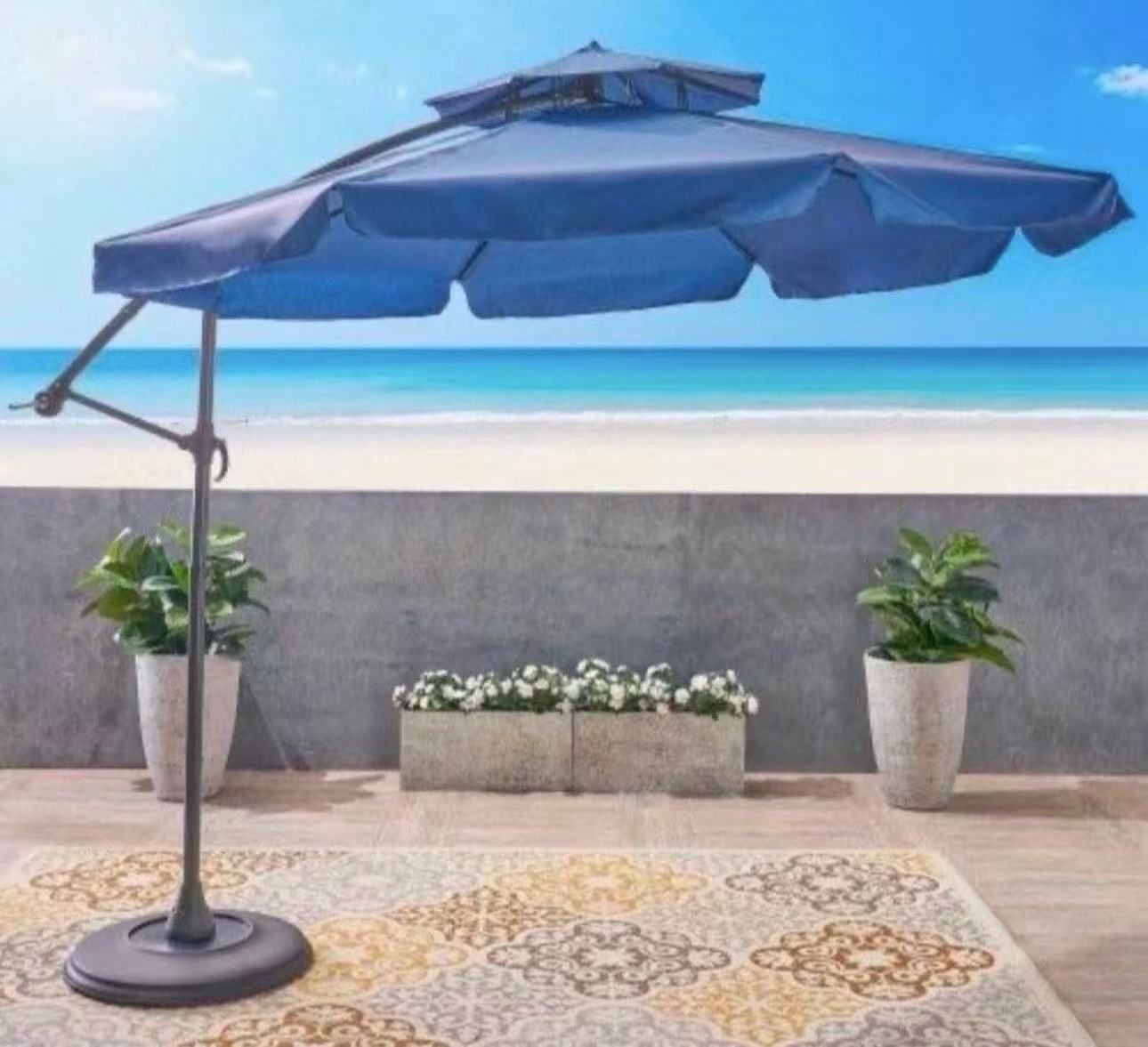 10 Ft Iron Cantilever Tilt Outdoor Patio Umbrella in Navy Blue
