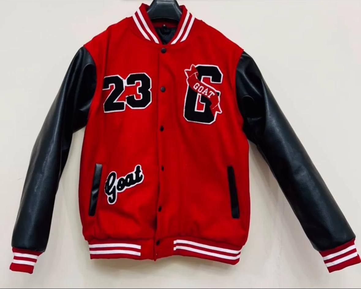 Men’s Varsity Jacket - Red & Black - GOAT 23 Patch - Retro Letterman Bomber