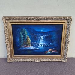 W. James Original Oil Painting Signed On Canvas Landscape Painting Of A Waterfall  Under A Moonlit Sky, Incl Gold Ornate Frame (24 X 36 Unframed Size)