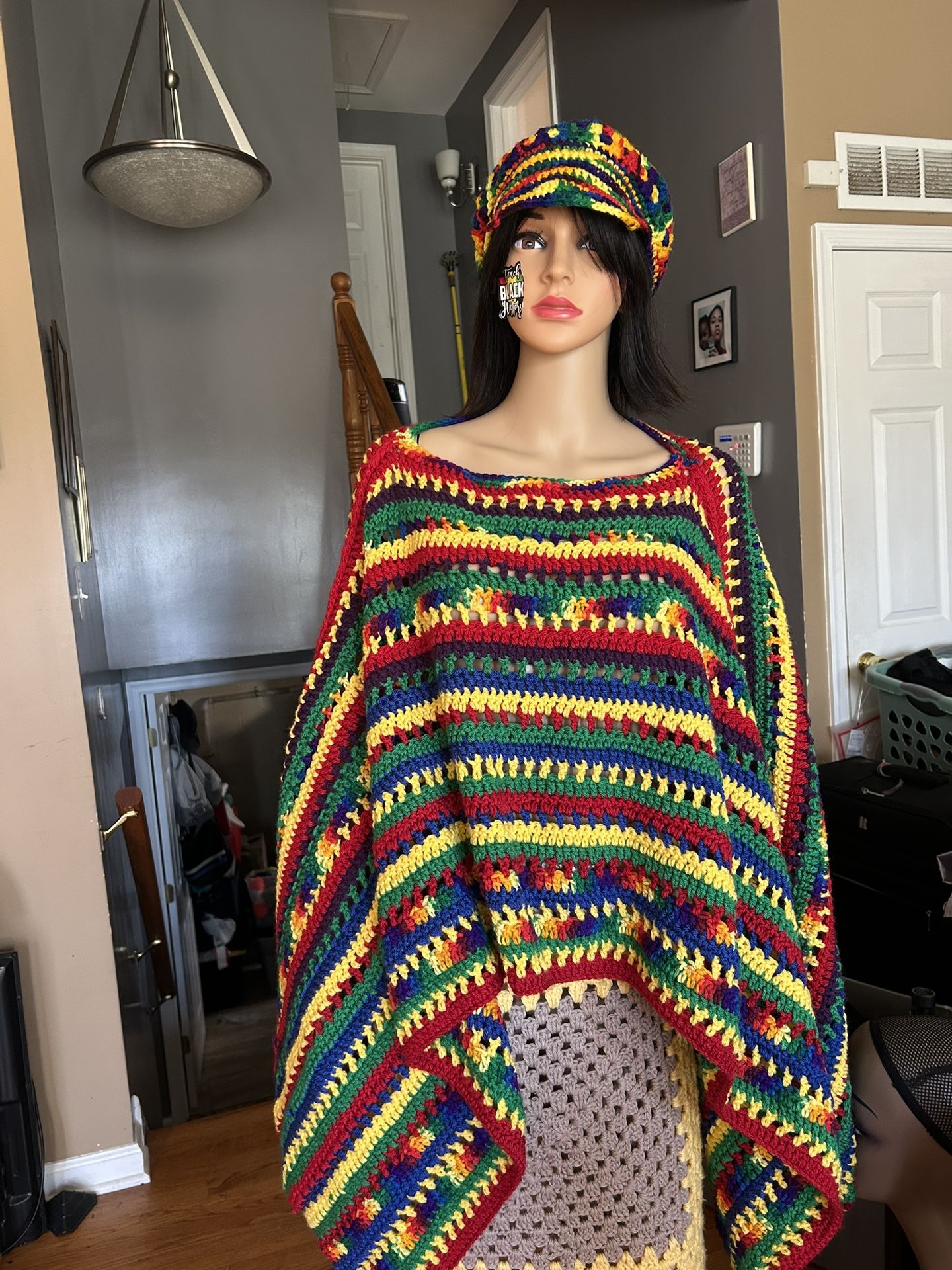 Handmade Crochet Poncho And Visor Hat