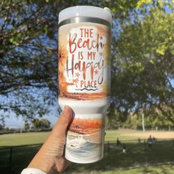 Custom 40 oz Tumbler Colorful The beach is my happy place Double-wall vacuum insulation Tumbler with straw. For travel size or office.  Super cute 40 