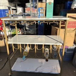Gold And Marble Style Bar Cart With Wine And Glasses Holder