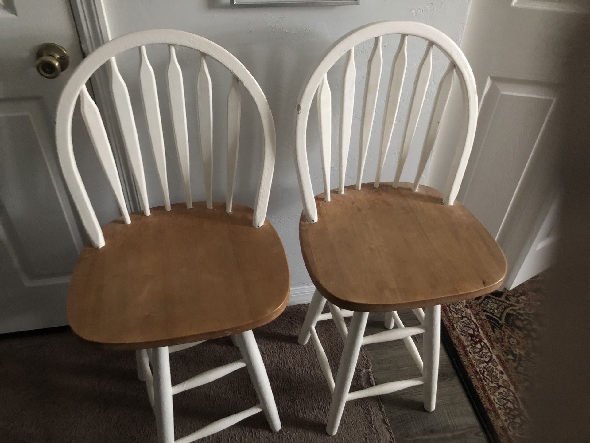 2 White Wooden Swivel Bar Chairs