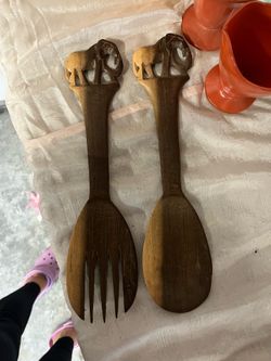 Vintage elephant carved wood spoon and fork