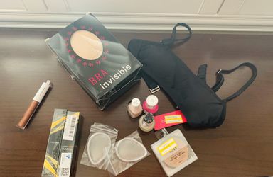 Two invisible bras cup A, 1 black Bikini top xs (00), 3 nail polish, elf setting powder, two silicone beauty blenders and two finishing hair creams