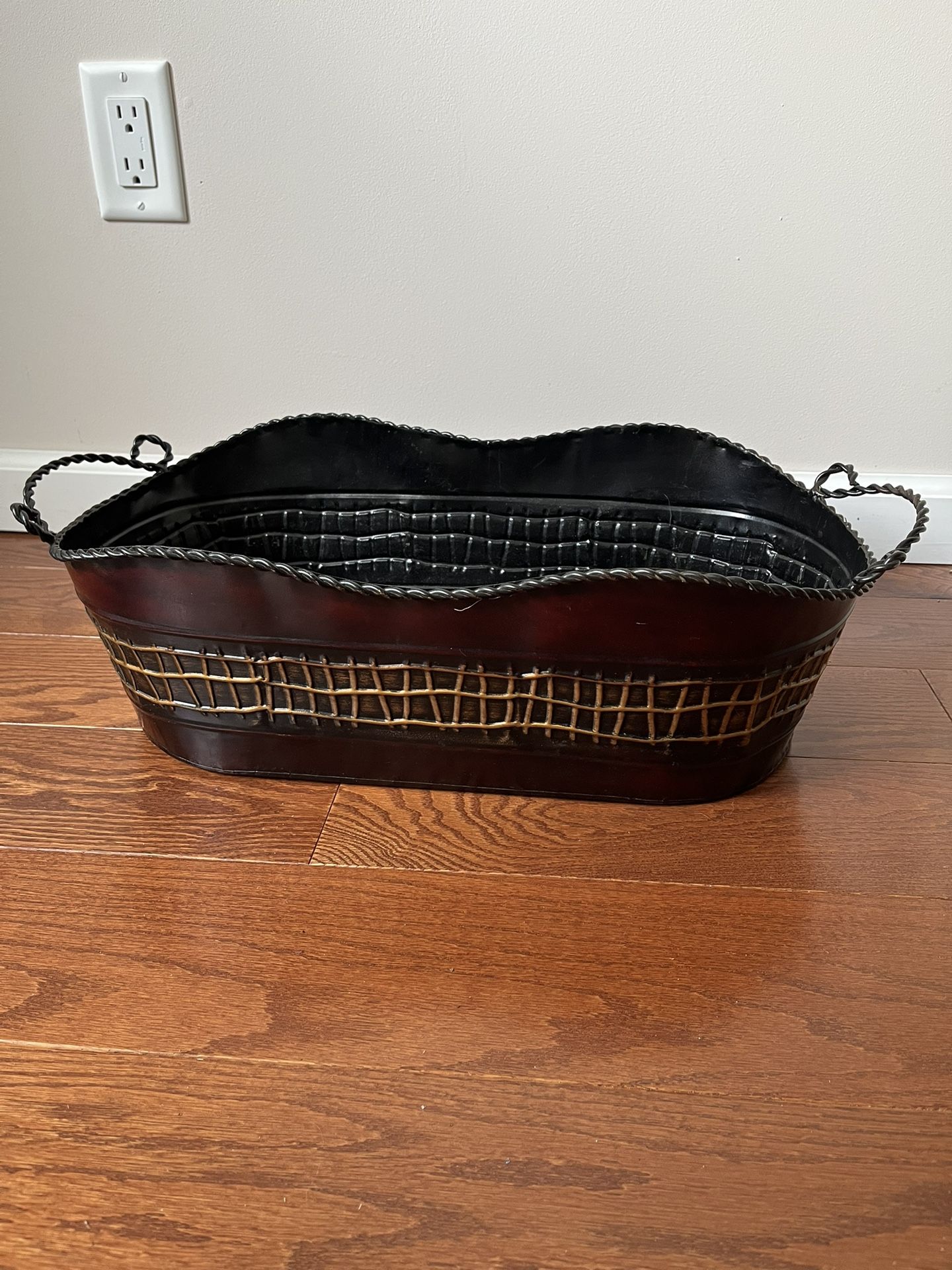 Metal Container With Dimensions 20“ X 11“ X 6.75“ Used For Storage Or Decoration It Has Handles