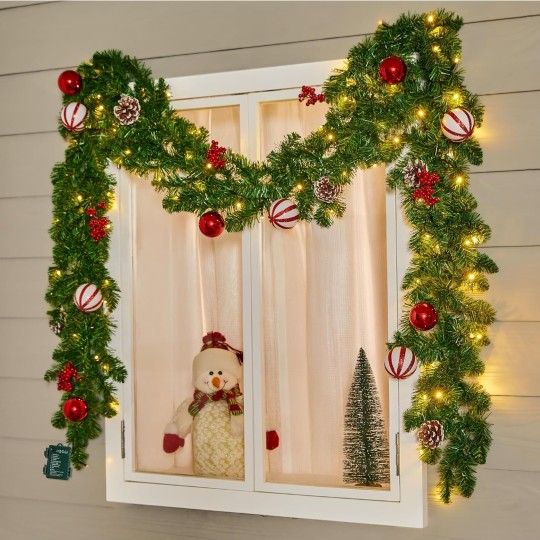 9FT Christmas Garland with Lights, Battery Operated Lighted Garland with Pinecones, Berries, Ornaments, 100 LED White Lights, 8 Modes, Timer