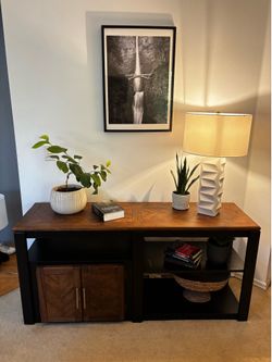 Modern Solid Oak Media Console | Walnut & Matte Black
