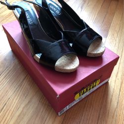 Vaneli Barmer Black Patent Wedge Sandal, Size 8N